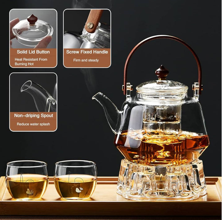 Glass Teapot with Wooden Handle & Dual Infusers (40oz / 1200ml)